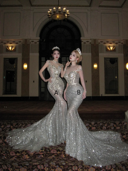 Luxurious Wedding Dresses Mermaid Style With Beaded Crystals Bodice Silver Sequin Bride Dress For Brides Fitted Bridal Gown N077