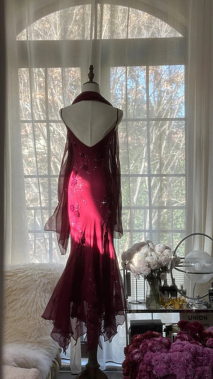 Elegante Meerjungfrau Spaghettiträger Burgund Chiffon Ballkleider Inspiration Trendy Abendkleider Formelle Party Ballkleid B374