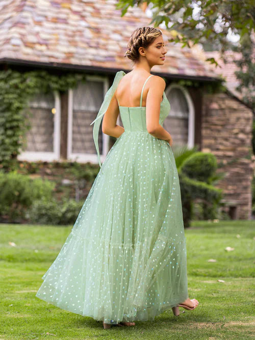 Elegant Evening Dress V-neck Dotted Floor Length Tulle Prom Dress- RF0444