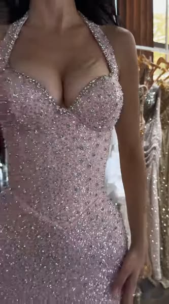 Glitzer Halter Neck Rosa Langes Abendkleid Abschlussballkleider Pailletten Meerjungfrau Bodycon Für Teenager Mädchen Damen N4099