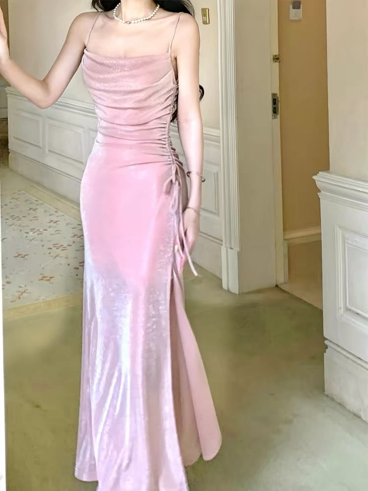 Robe de soirée sirène modeste à fines bretelles et sequins roses fendue, idéale pour les lycéennes et les jeunes filles en fin d'année (N016)