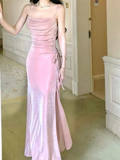 Robe de soirée sirène modeste à fines bretelles et sequins roses fendue, idéale pour les lycéennes et les jeunes filles en fin d'année (N016)