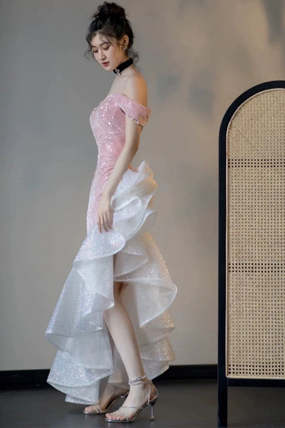 Elegantes Meerjungfrauen-Kleid, schulterfrei, Pink mit kurzen Ärmeln, formelles Kleid, Pailletten, Geburtstag, Abschlussballkleider N2816