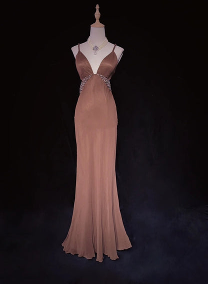 Robes de bal modestes Sirène Bretelles fines Marron Sans manches Avec volants Robe de soirée formelle N3839