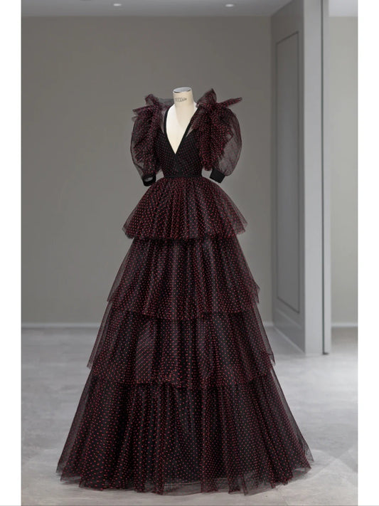 Robes de bal de princesse en tulle noir col en V à pois rouges, pour soirée de 16 ans, longue robe de cérémonie RB4008