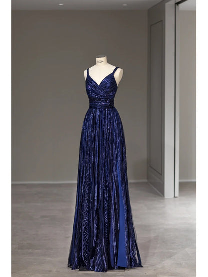 Sparkly A line Spaghetti Strap Royal Blue Sequined Long Prom Dresses Inspo Evening Outfits RB4012