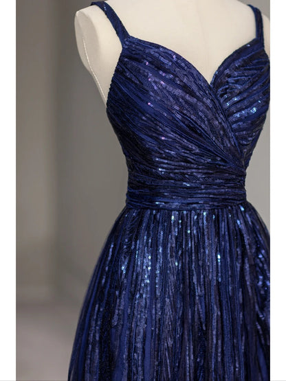 Sparkly A line Spaghetti Strap Royal Blue Sequined Long Prom Dresses Inspo Evening Outfits RB4012
