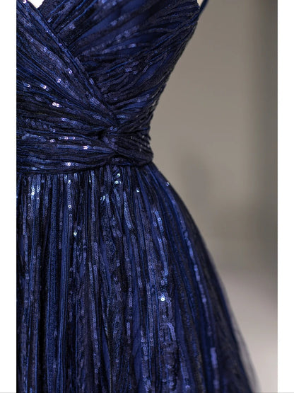 Sparkly A line Spaghetti Strap Royal Blue Sequined Long Prom Dresses Inspo Evening Outfits RB4012