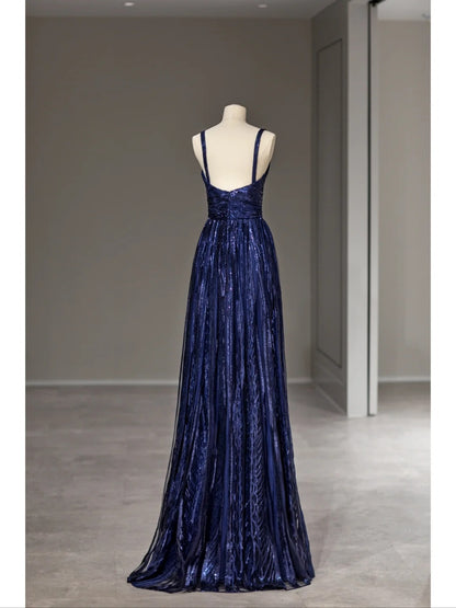 Sparkly A line Spaghetti Strap Royal Blue Sequined Long Prom Dresses Inspo Evening Outfits RB4012