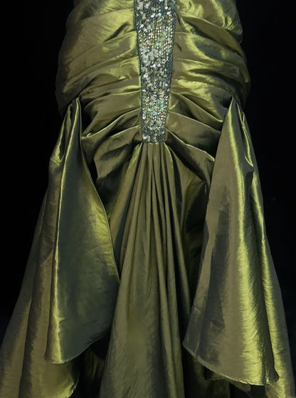 Robe de bal rétro, vintage, sirène, bustier en cœur, vert olive avec perles, longue robe de soirée N2319