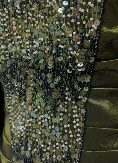 Robe de bal rétro, vintage, sirène, bustier en cœur, vert olive avec perles, longue robe de soirée N2319