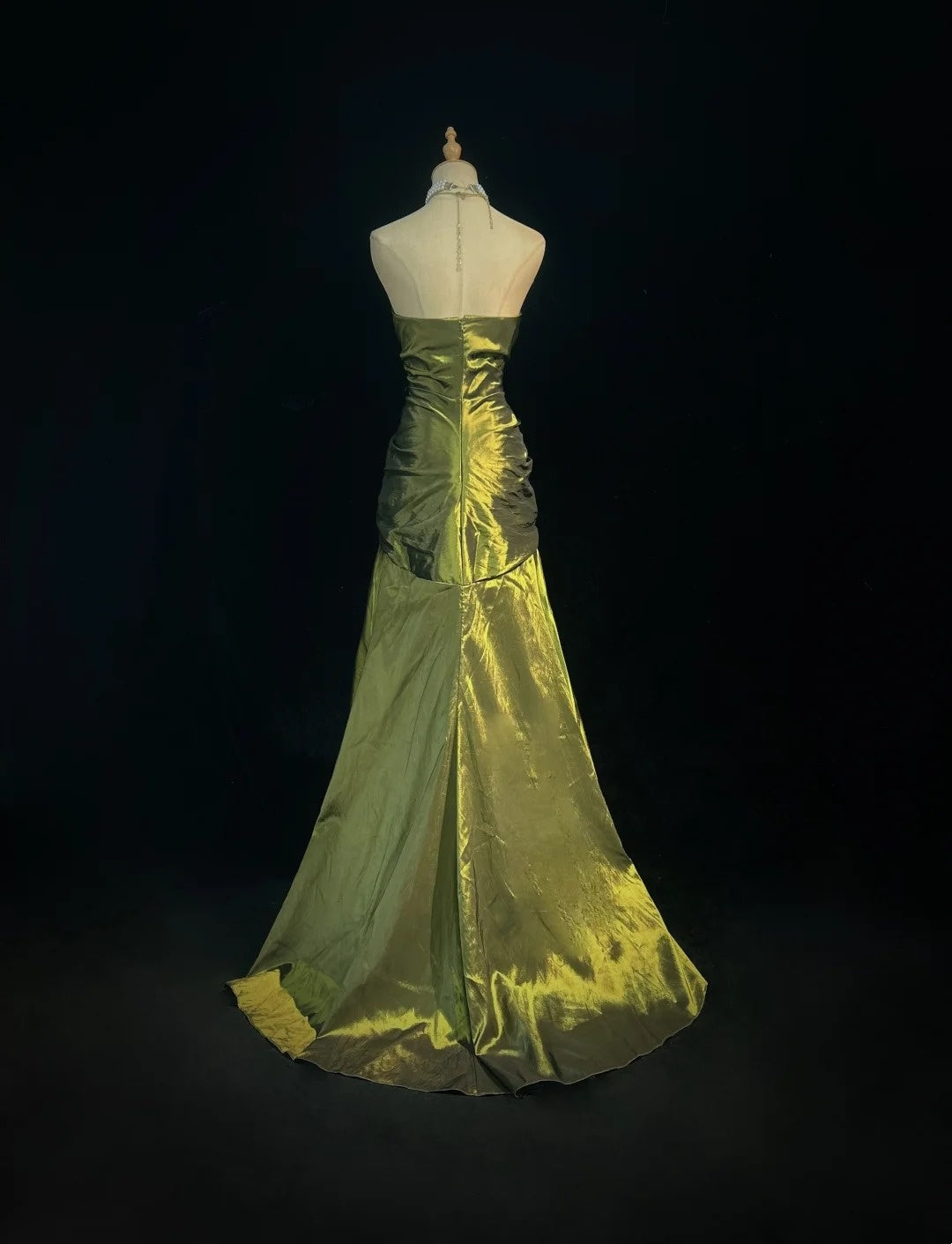 Robe de bal rétro, vintage, sirène, bustier en cœur, vert olive avec perles, longue robe de soirée N2319
