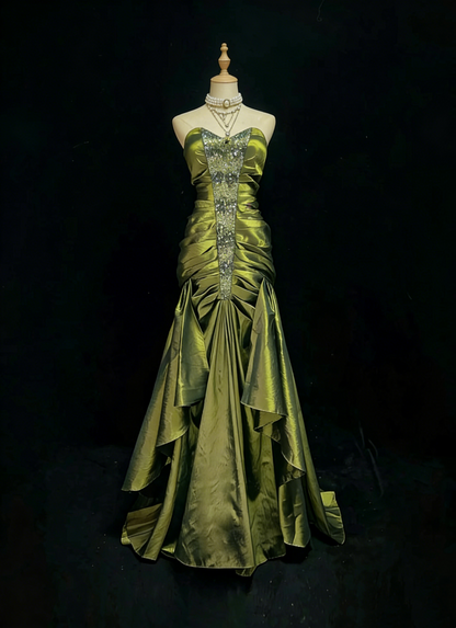 Robe de bal rétro, vintage, sirène, bustier en cœur, vert olive avec perles, longue robe de soirée N2319
