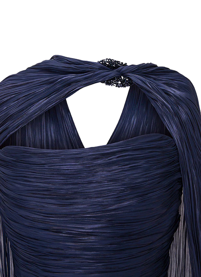 Elegant A line V Neck Navy Blue Tulle With Cape Long Formal Fancy Evening Dress Dinner Outfits Classy Party Gowns AB2022