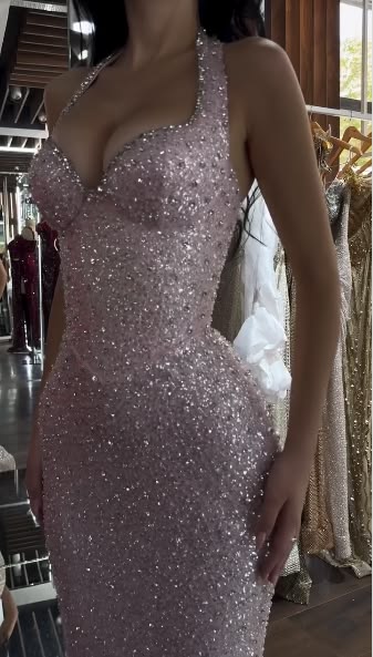 Glitzer Halter Neck Rosa Langes Abendkleid Abschlussballkleider Pailletten Meerjungfrau Bodycon Für Teenager Mädchen Damen N4099
