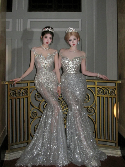 Luxurious Wedding Dresses Mermaid Style With Beaded Crystals Bodice Silver Sequin Bride Dress For Brides Fitted Bridal Gown N077