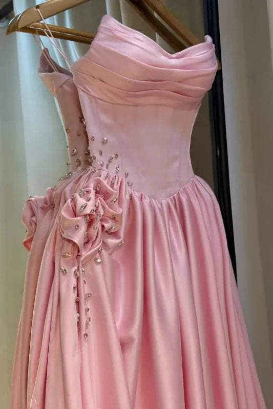Robe de bal élégante en satin rose satiné, coupe trapèze, décolleté cœur et fente - Inspiration pour adolescentes - Tenue de soirée - Robe de bal AB051