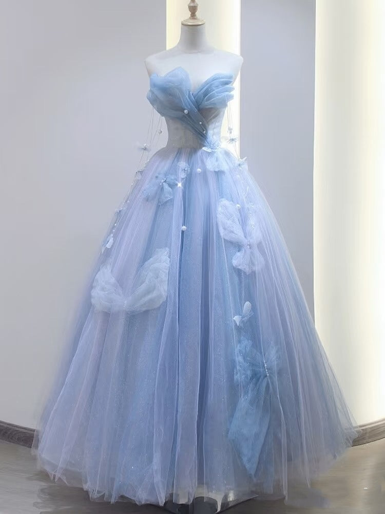 Bezauberndes langes Ballkleid aus blauem Tüll mit Herzausschnitt, formelles Partykleid, Abiballkleid AU112