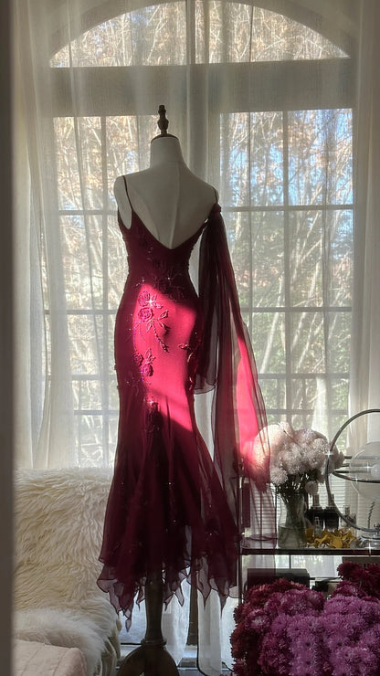 Elegante Meerjungfrau Spaghettiträger Burgund Chiffon Ballkleider Inspiration Trendy Abendkleider Formelle Party Ballkleid B374