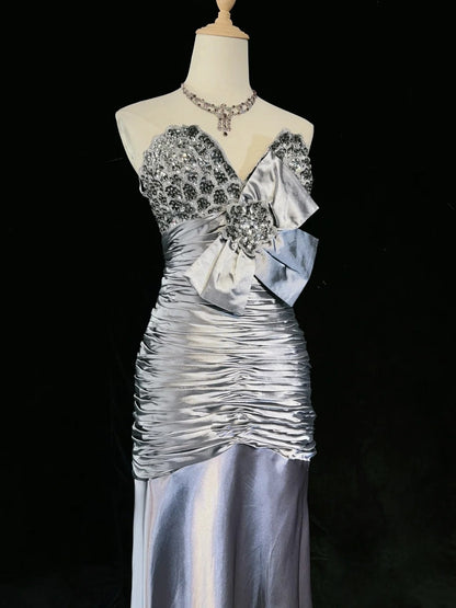 Robes de bal vintage des années 90, sirène, bustier cœur, satin perlé, longues tenues de soirée N3192