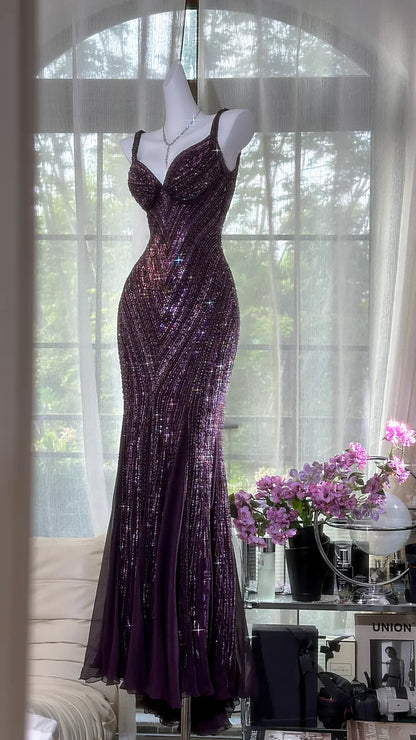 Stunning Mermaid Spaghetti Straps Grape Sequin Prom Dresses 2026 Inspiration Prom Dress Princess Graduation Dress B378