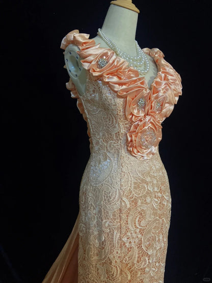 Belles robes de bal sirène col en V dentelle rose avec fleurs 3D sans manches longues tenues de soirée formelles N3648