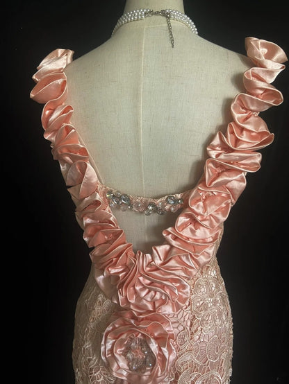 Belles robes de bal sirène col en V dentelle rose avec fleurs 3D sans manches longues tenues de soirée formelles N3648