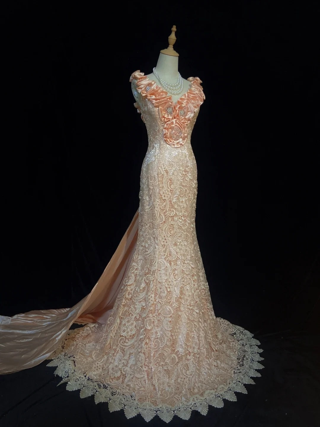 Belles robes de bal sirène col en V dentelle rose avec fleurs 3D sans manches longues tenues de soirée formelles N3648