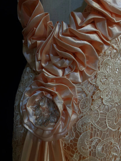 Belles robes de bal sirène col en V dentelle rose avec fleurs 3D sans manches longues tenues de soirée formelles N3648