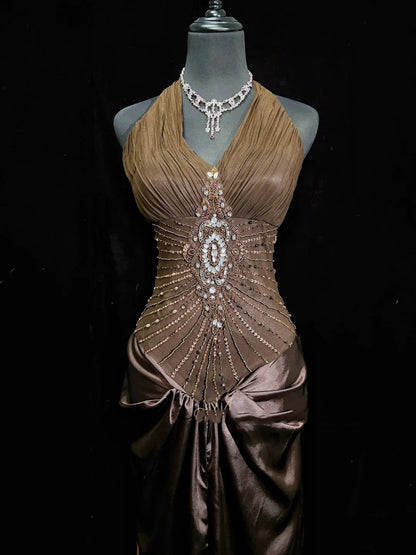 Wunderschöne Abschlussballkleider Inspo Meerjungfrau Neckholder Satin mit Perlen Schokolade Damen Abendkleid N3194