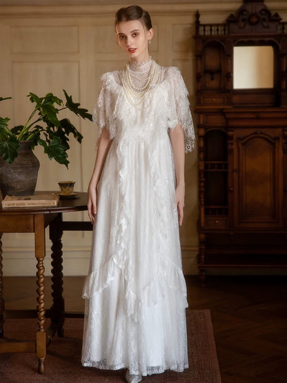Prinzessin Brautkleider A-Linie Hochgeschlossen Weiß Mit Ärmeln Langes Sommer-Gartenbrautkleid N4104