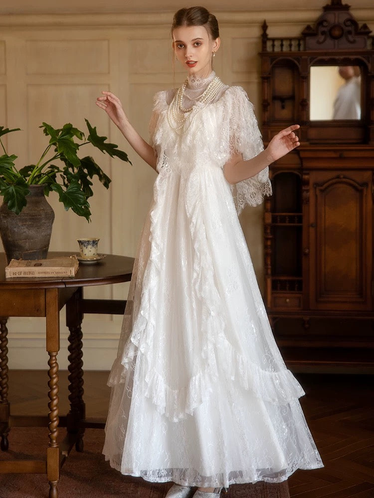 Prinzessin Brautkleider A-Linie Hochgeschlossen Weiß Mit Ärmeln Langes Sommer-Gartenbrautkleid N4104