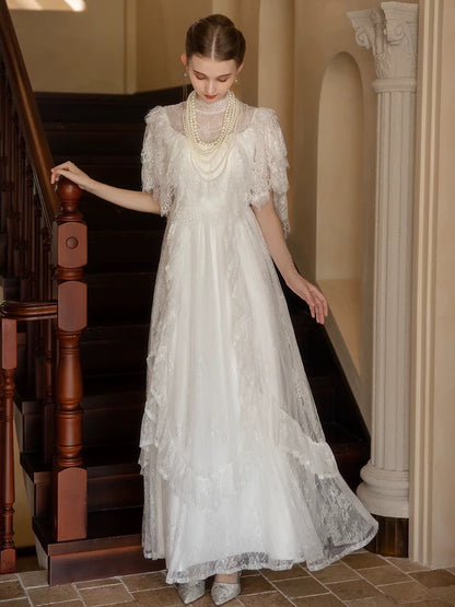 Prinzessin Brautkleider A-Linie Hochgeschlossen Weiß Mit Ärmeln Langes Sommer-Gartenbrautkleid N4104
