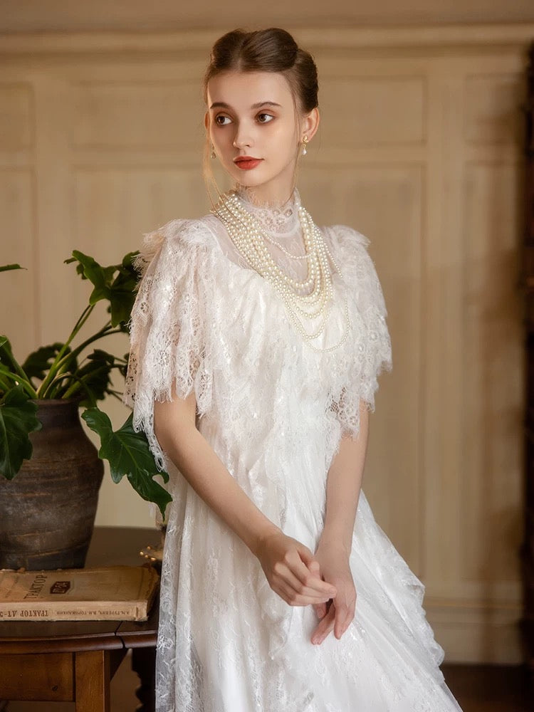 Prinzessin Brautkleider A-Linie Hochgeschlossen Weiß Mit Ärmeln Langes Sommer-Gartenbrautkleid N4104