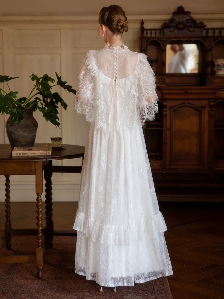 Prinzessin Brautkleider A-Linie Hochgeschlossen Weiß Mit Ärmeln Langes Sommer-Gartenbrautkleid N4104