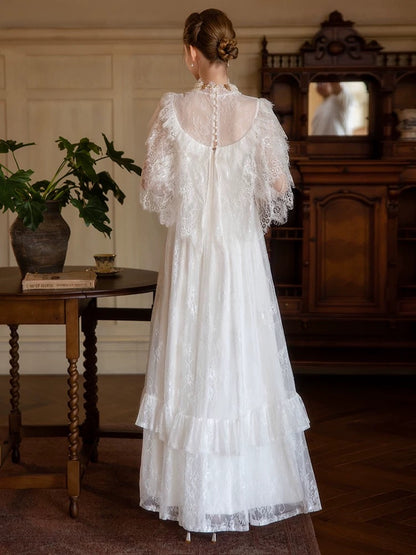 Prinzessin Brautkleider A-Linie Hochgeschlossen Weiß Mit Ärmeln Langes Sommer-Gartenbrautkleid N4104