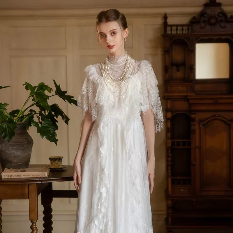 Prinzessin Brautkleider A-Linie Hochgeschlossen Weiß Mit Ärmeln Langes Sommer-Gartenbrautkleid N4104