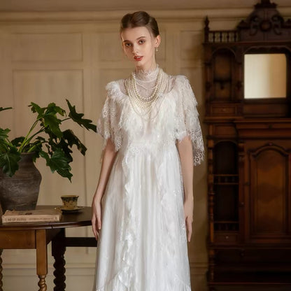 Prinzessin Brautkleider A-Linie Hochgeschlossen Weiß Mit Ärmeln Langes Sommer-Gartenbrautkleid N4104