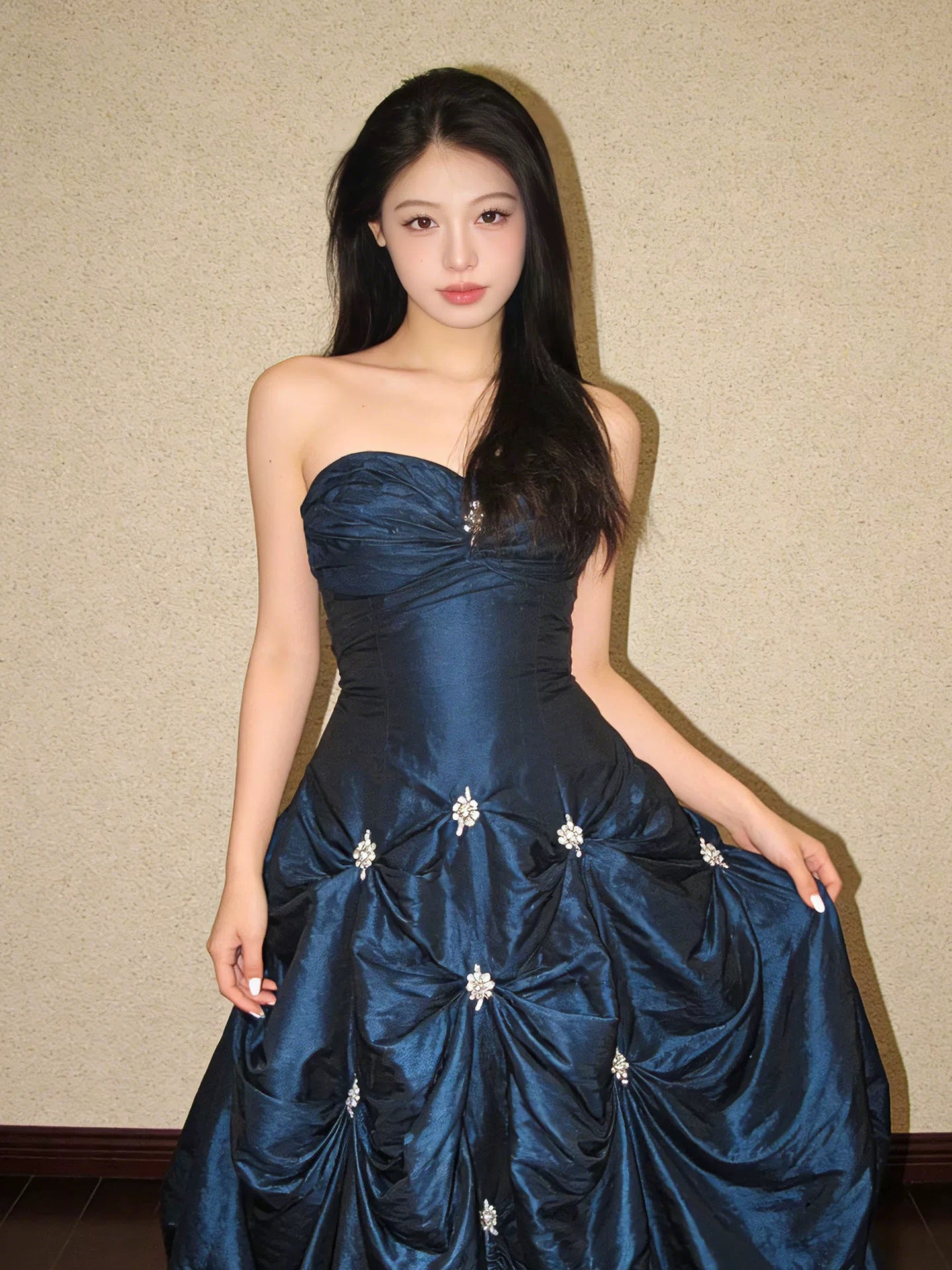 Robe de bal modeste, bustier en satin bleu marine, tenue élégante pour anniversaire, robes de bal formelles N4107