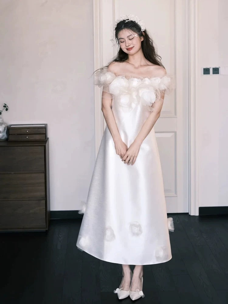Prinzessin Hochzeitskleider Ballkleid schulterfrei weiß knöchellang Gartenhochzeitskleid Sommer N4109