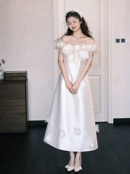 Prinzessin Hochzeitskleider Ballkleid schulterfrei weiß knöchellang Gartenhochzeitskleid Sommer N4109