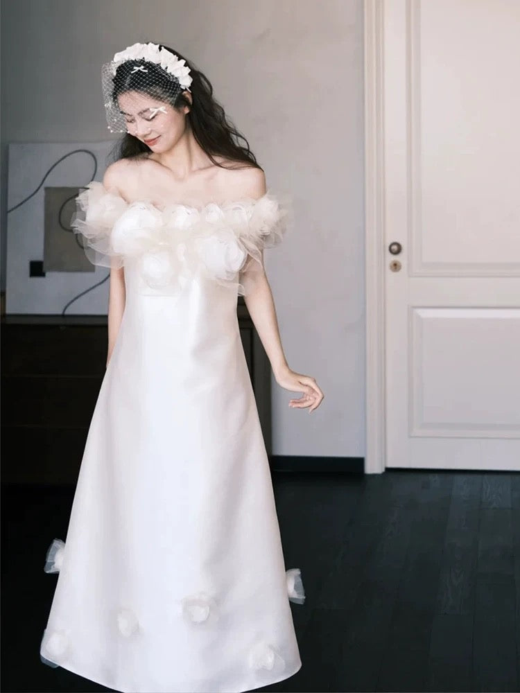 Prinzessin Hochzeitskleider Ballkleid schulterfrei weiß knöchellang Gartenhochzeitskleid Sommer N4109