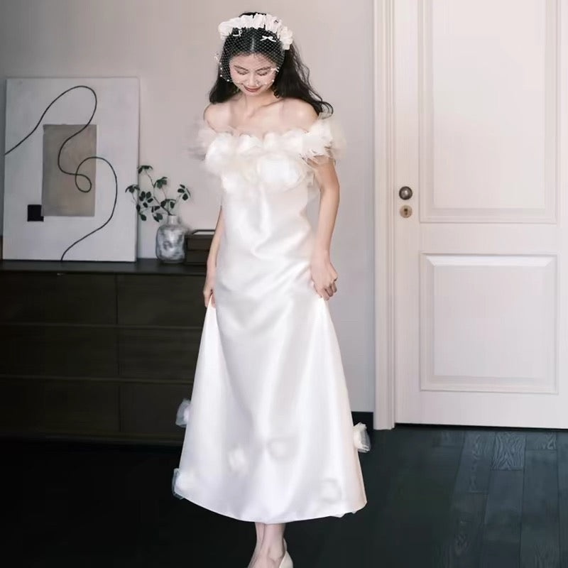 Prinzessin Hochzeitskleider Ballkleid schulterfrei weiß knöchellang Gartenhochzeitskleid Sommer N4109
