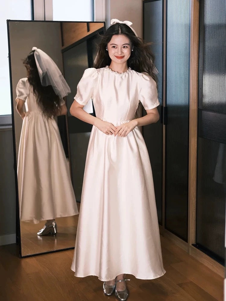 Robes de mariée simples ligne A col rond blanches longueur cheville robe de mariée de jardin d'été N4110