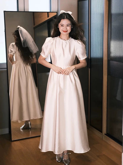 Robes de mariée simples ligne A col rond blanches longueur cheville robe de mariée de jardin d'été N4110