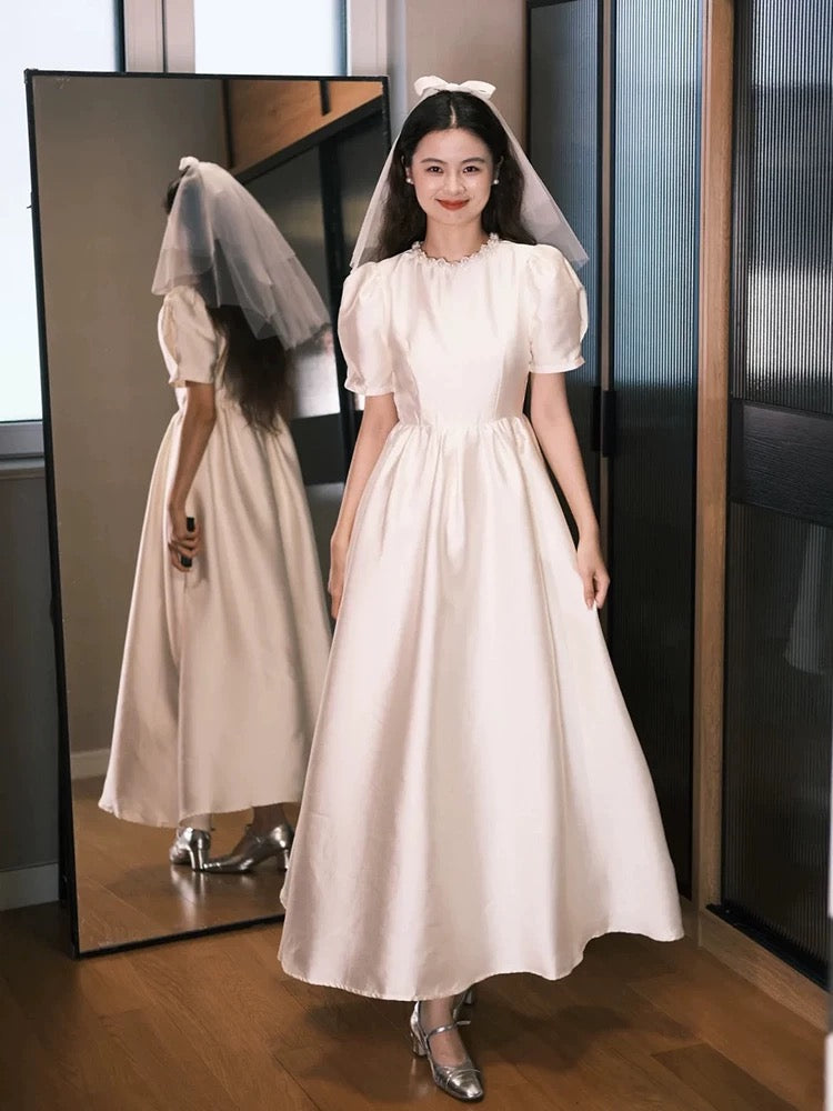 Robes de mariée simples ligne A col rond blanches longueur cheville robe de mariée de jardin d'été N4110