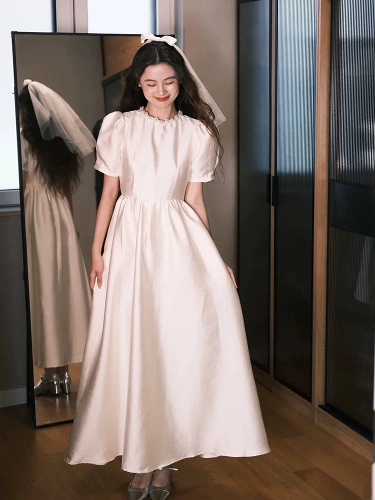 Robes de mariée simples ligne A col rond blanches longueur cheville robe de mariée de jardin d'été N4110