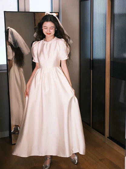 Robes de mariée simples ligne A col rond blanches longueur cheville robe de mariée de jardin d'été N4110