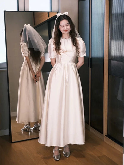 Robes de mariée simples ligne A col rond blanches longueur cheville robe de mariée de jardin d'été N4110