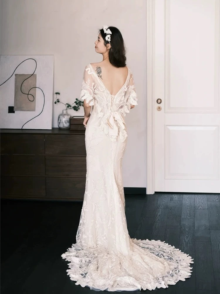 Einfache Hochzeitskleider Meerjungfrau Bateau-Ausschnitt Spitze Lange Sommer Garten Brautkleid N4111